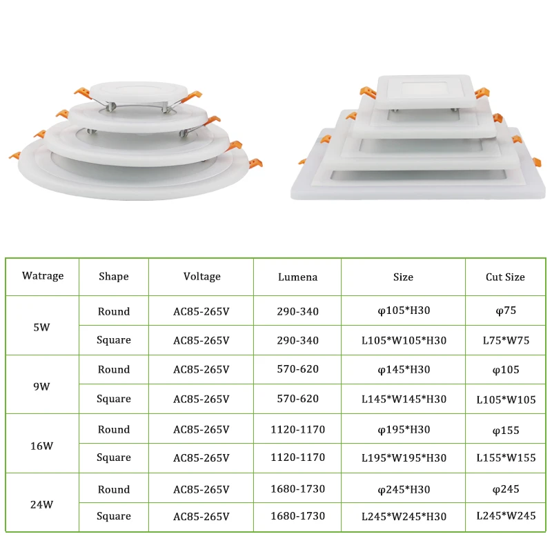 Светодиодный панельный светильник, 3 модели, 6 Вт/9 Вт/16 Вт/24 Вт, Встраиваемый светодиодный потолочный светильник, Круглый квадратный светильник, двойной цвет, для помещений
