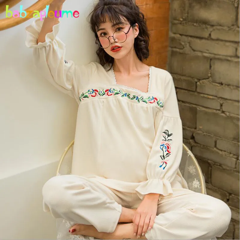 

Spring Fall Maternity Nightwear For Nursing Warm Soft Long Sleeve Tops+Pants Pregnancy Women Breastfeading Sleepwear BC1808-1