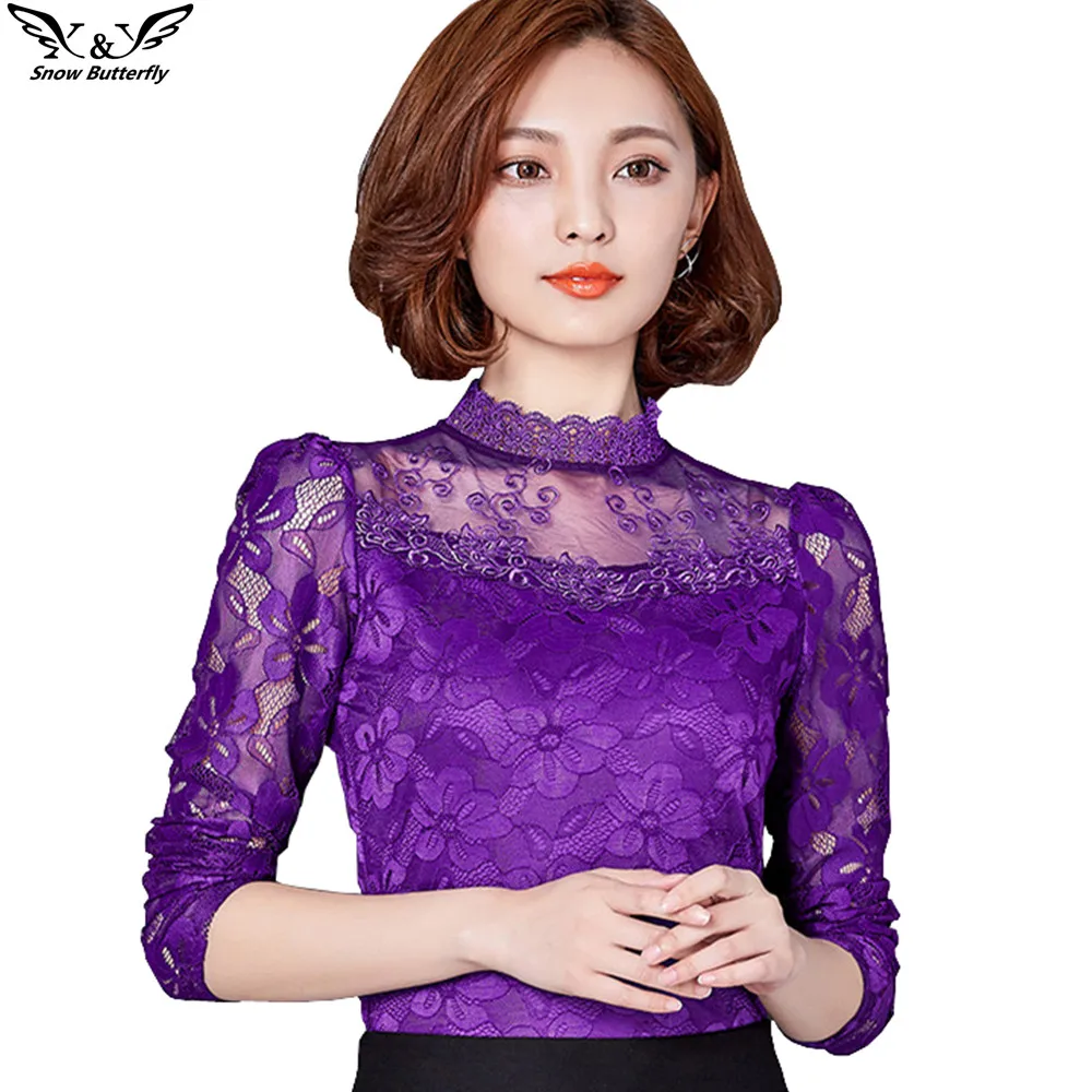 

2019 Autumn Winter Women Tops Fashion Lace Blouse Long Sleeve Slim Shirt Elegant Hollow plus size Top blusas femininas kimono