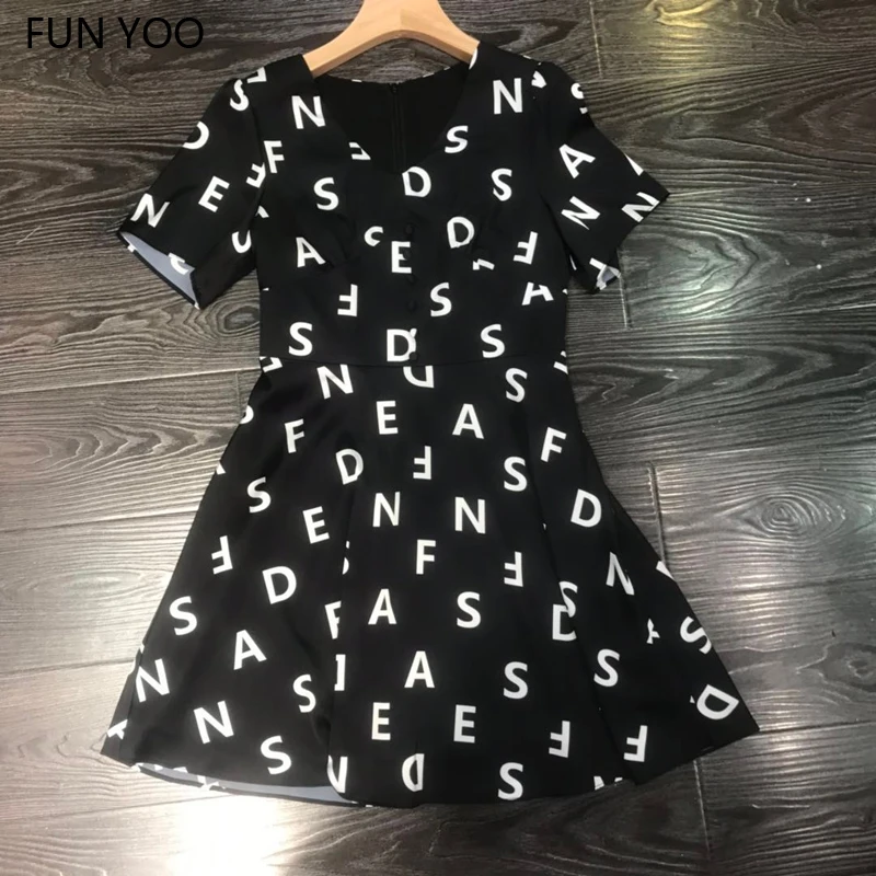 

2019 spring/summer new fashion women's monogrammed print v-neck high waist slimming casual dressual dress
