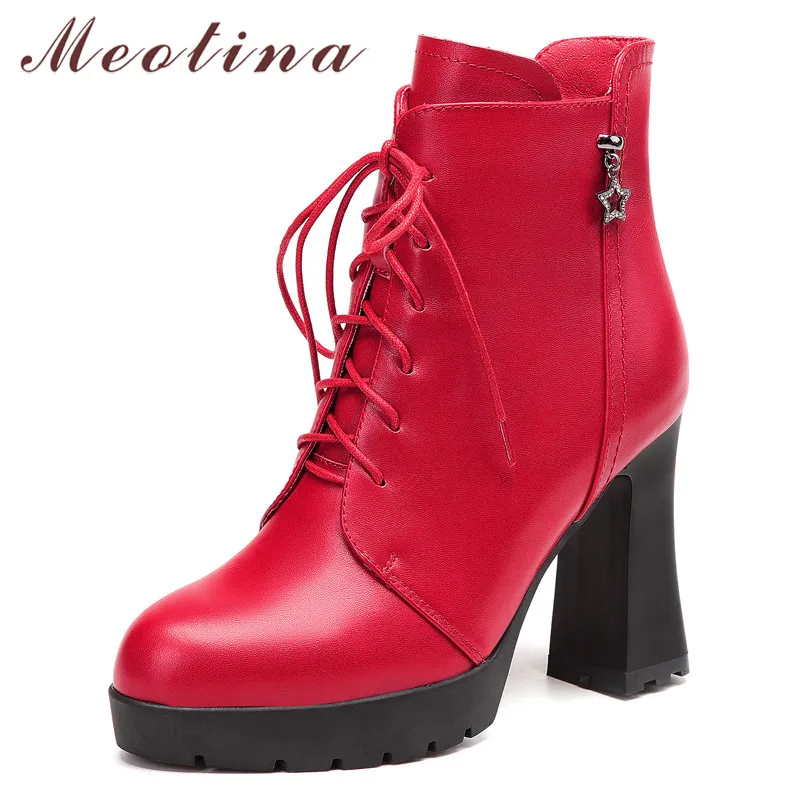 

Meotina Women Ankle Boots Winter Natural Genuine Leather Platform Thick Heel Short Boots Zip Super High Heel Shoes Ladies Red 39