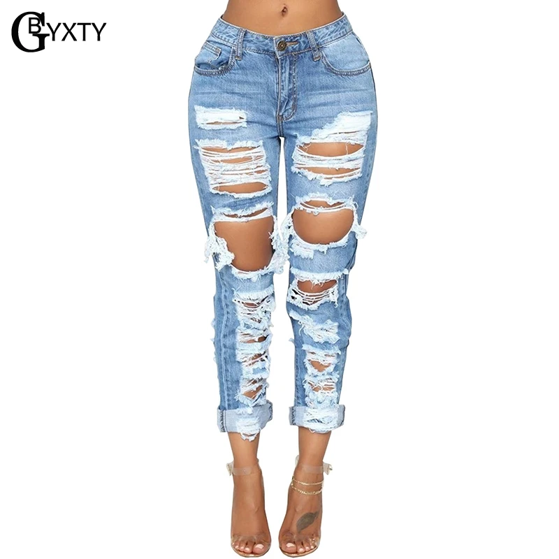 GBYXTY джинсы, женские сексуальные рваные джинсы, уличная высокая талия, джинсовые брюки-карандаш, Женские повседневные синие джинсы, ZL347