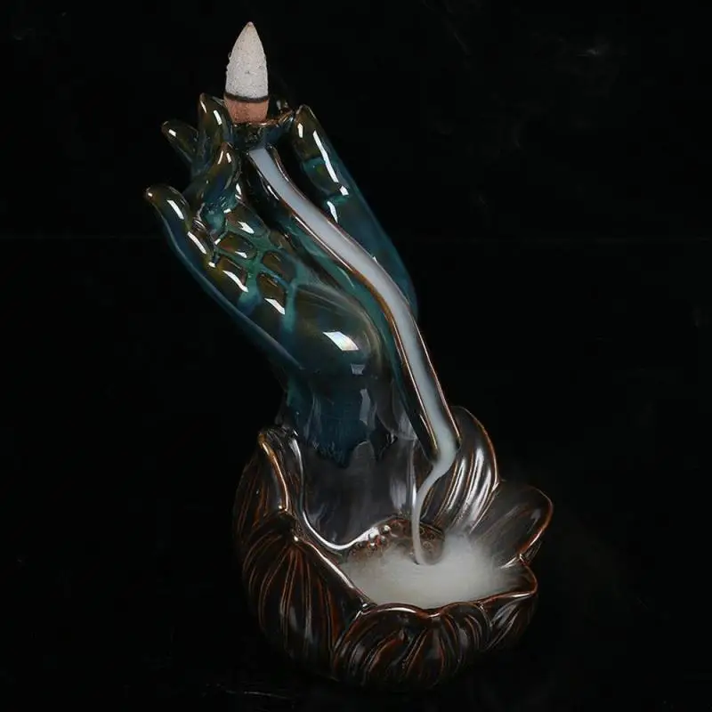 

Chinese Retro Lotus Hand Shape Backflow Incense Burner Buddha's Hand Ceramic Incense Burner Aromatic Smoke Waterfall Censer 2019