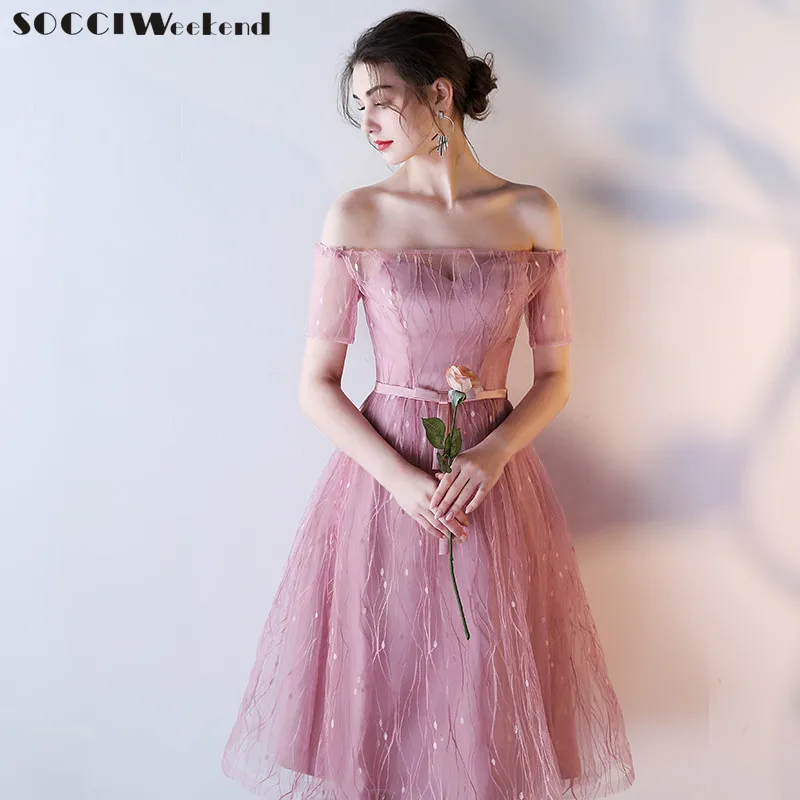 

SOCCI Weekend Pink Bridesmaid Dresses 2019 Slim Women Sisters Tea Length Formal Wedding Party Dress Robe De Off Shoulder Gowns