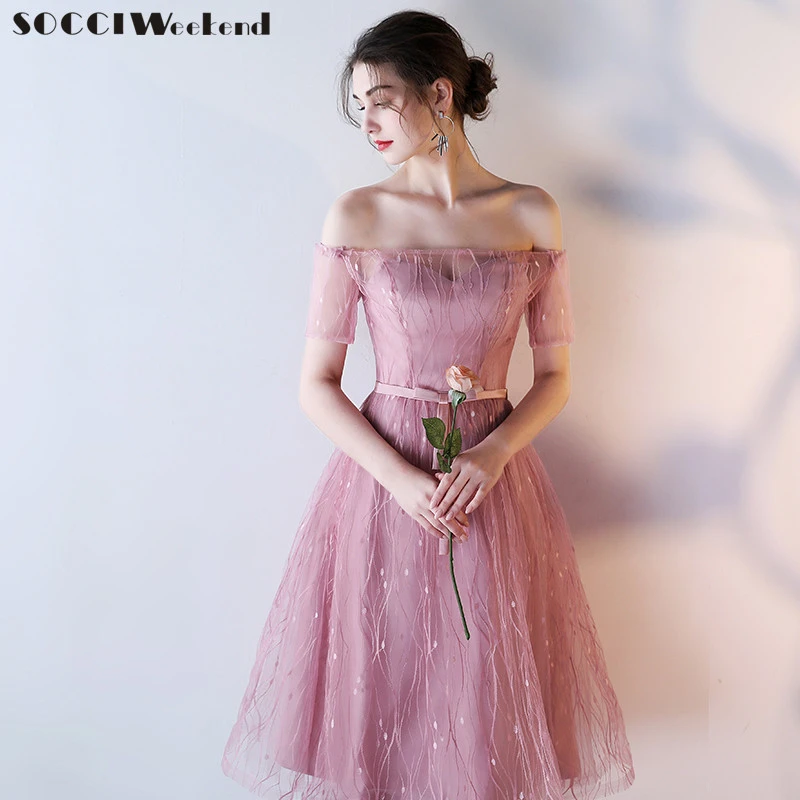 SOCCI vestidos De dama honor Rosa mujeres delgadas longitud del té formal vestido De fiesta De boda bata De hombro descubierto vestidos|pink bridesmaid dress|bridesmaid dressespink bridesmaids - AliExpress