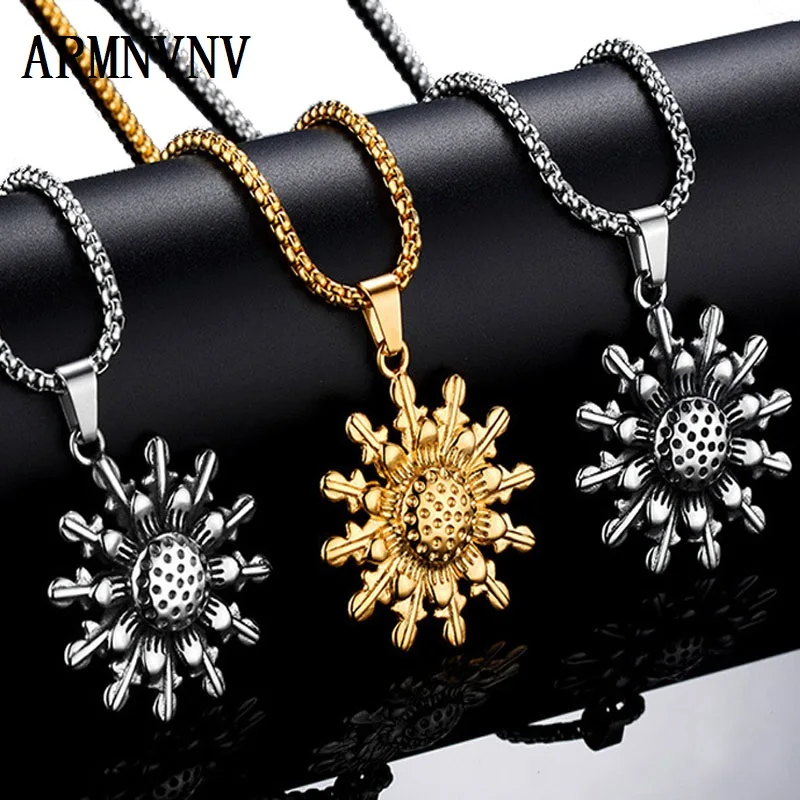 ARMNVNV Big Sunflower Charm Necklaces Silver Gold Color 316L Stainless Steel Pendant &amp Chain Men Jewelry | Украшения и