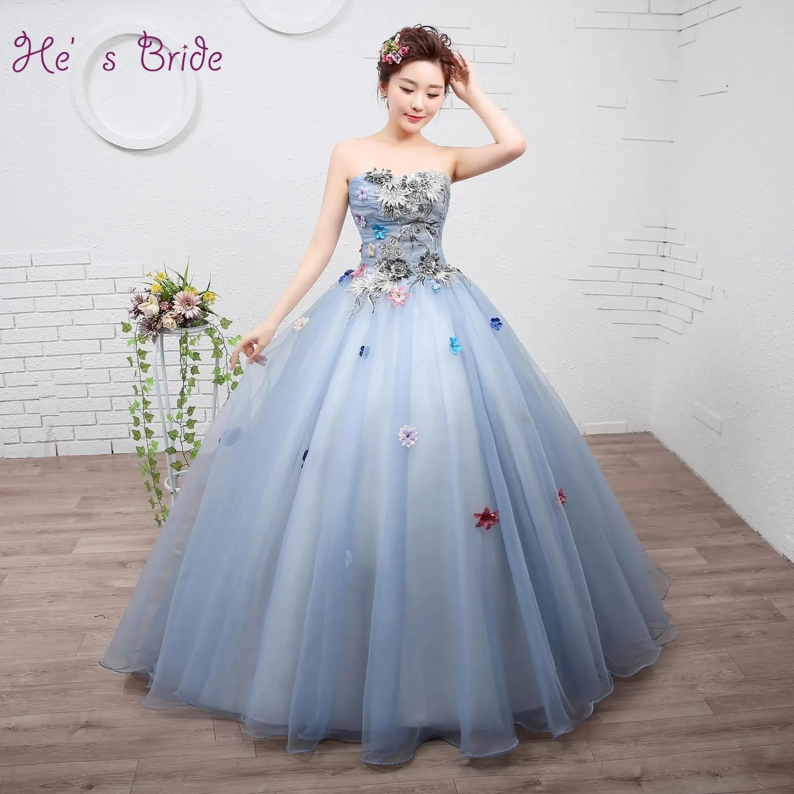 

Wedding Dress Elegant Blue Strapless Lace Up Back Ball Gown Floor Length Tulle Lace Embroidery Flowers Party Dress Bride