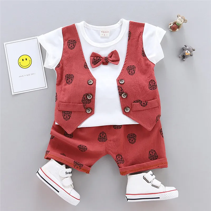 Children's clothes 2019 new Infant Baby Boys Summer Gentleman Print Short Sleeve Bow Shirt+Shorts Pants Sets  (8)