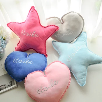

Cute heart/star shaped plush cushion pillow embroidery Suede fabric throw pillow kids bedroom back cushion decorative