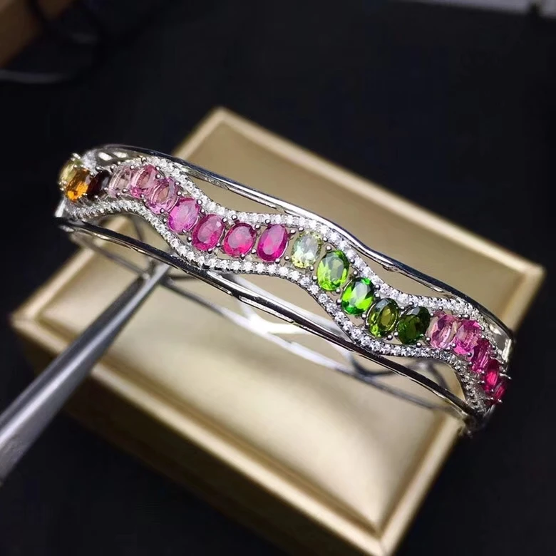  Bracelets en tourmaline multicolore naturelle Bracelet en pierres précieuses naturelles S925 argent