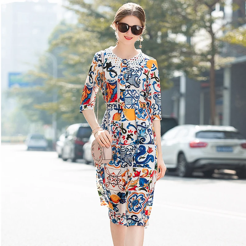 

Silk Dress Fashion Lady Patchwork Hollow Out Lace Dresses Noble New Print Dress