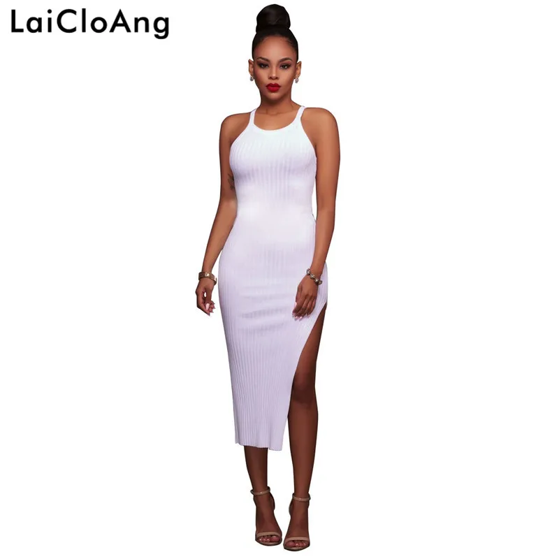 LaiCloAng Open Split Knitted Sexy Cotton Dresses Women Autumn New O