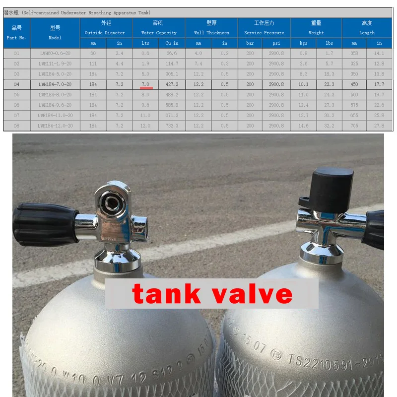 7L баллон для дайвинга, баллон, бутылка для подводного плавания с алюминиевым клапаном, бак высокого давления, 20 МПа, 200 бар, 2000spi