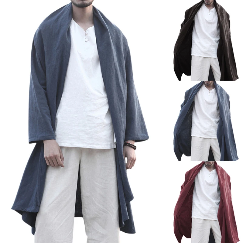

2019 Autumn Men Trench Long Cloak Cardigan Chinese Style Vintage Lapel Long Sleeve Men Outerwear Solid Loose Retro Cape Coat 3XL