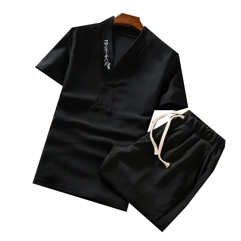  Summer Mens V-neck tshirt and Drawstring Shorts Pure Color Embroidered Casual Movement Sets S-5XL