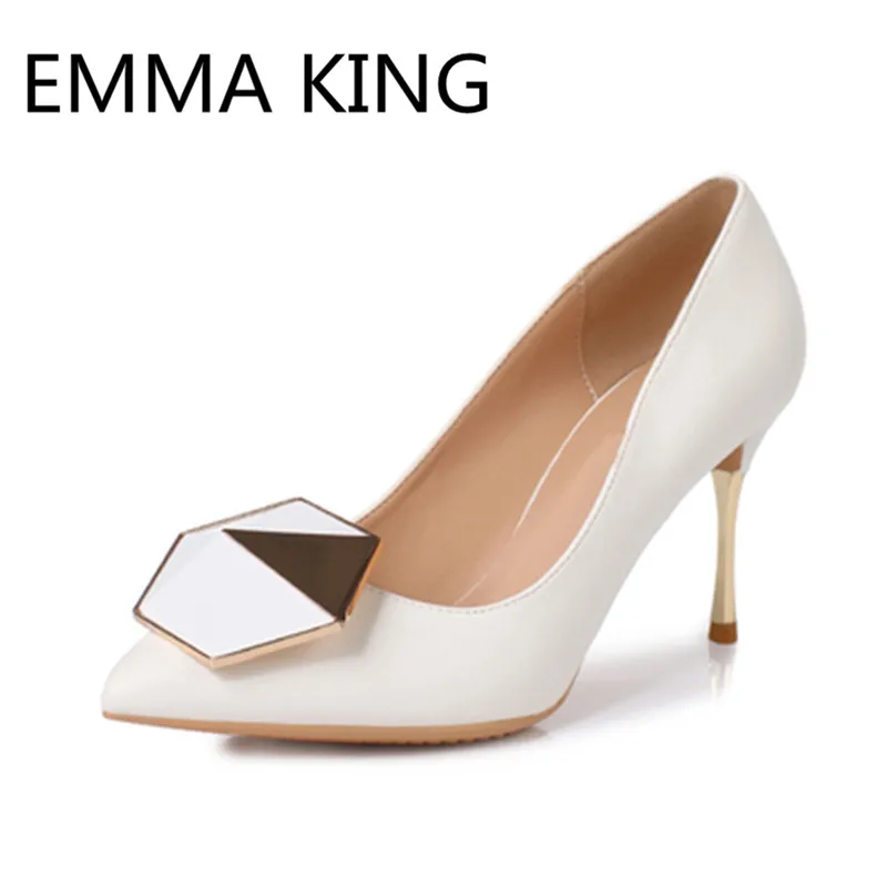 

New Metal Heel Design Pumps For Women Pointed Toe Gold Button Shallow Ladies Dress Wedding Working Shoes Woman Slip On High Heel
