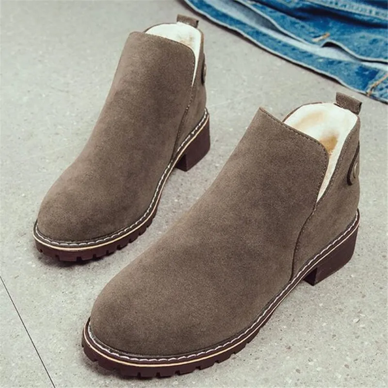 

ELGEER Winter new round head set of short boots thickening British retro matte low with warm women's boots fashion casual shoes