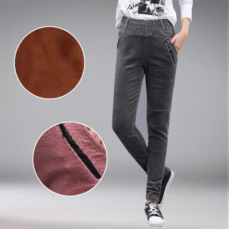 

American Style Women's Fashion Skinny High Elastic Waist Plus Velvet Size Pencil Corduroy Pants Female Thick Warm Long Trousers