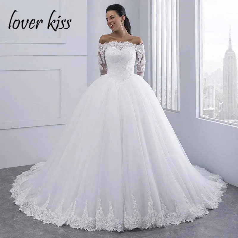 Lover Kiss Vestidos de Noiva бальное платье кружевное свадебное платье с длинными рукавами с открытыми плечами пышное свадебное платье из тюля платья Casamento Mariage - Цвет: Белый