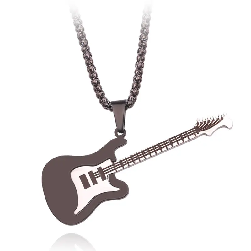 

3 Colors Electric Guitar Pendant Necklace Gold & Silver & Gun Black Rock Musical Hip-hop Male Chain Stainless Steel Jewelry Gift