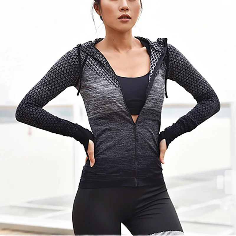Outdoor Fitness Coat Women Fashion Zipper Gradient Slim Jacket Hooded
