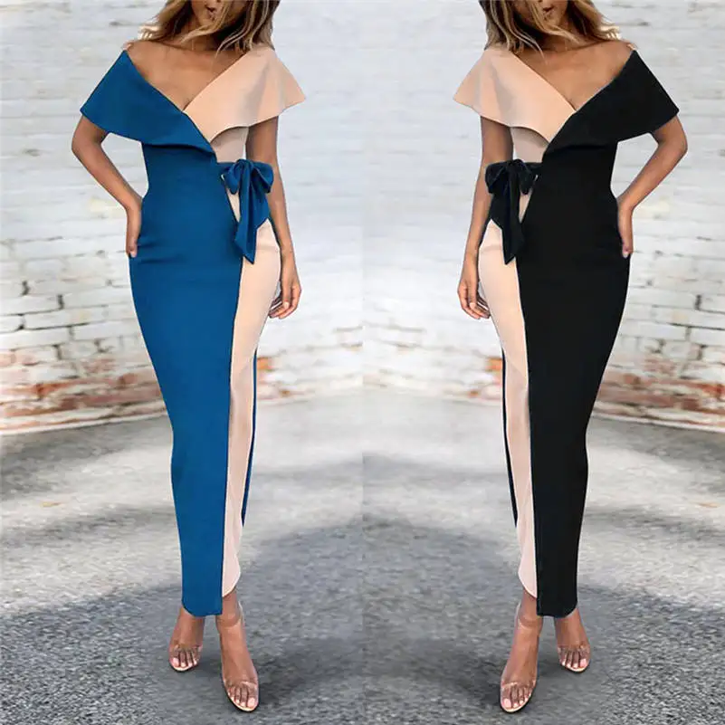 

Sexy Women Dress Summer Dress Elegant Sexy V-neck Short Sleeve Dresses Splicing Dress With Belt Party Vestidos de Verano 661D4