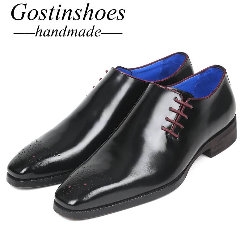

GOSTINSHOES HANDMADE Goodyear Welted Side Lace Black Leather Shoes Men Pointed Toe Whole Cut Oxford Shoes Men SCZ043