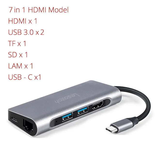 Lesozoh USB 3,0 концентратор многопортовый usb-адаптер 3 USB 3,0 порт с адаптером type-C для MacBook, Surface Pro Компьютерные аксессуары usb-концентратор - Цвет: Silver 7 in 1 moder