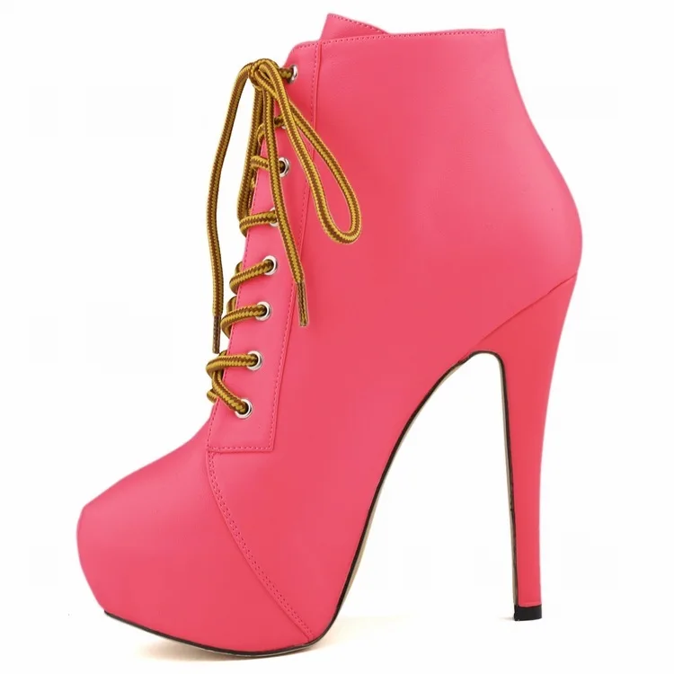 LOSLANDIFEN Women Boots PU Lace Up 14CM Thin Heels Round Toe Waterproof platform Comfort Short Boot Party OL Office Woman shoes