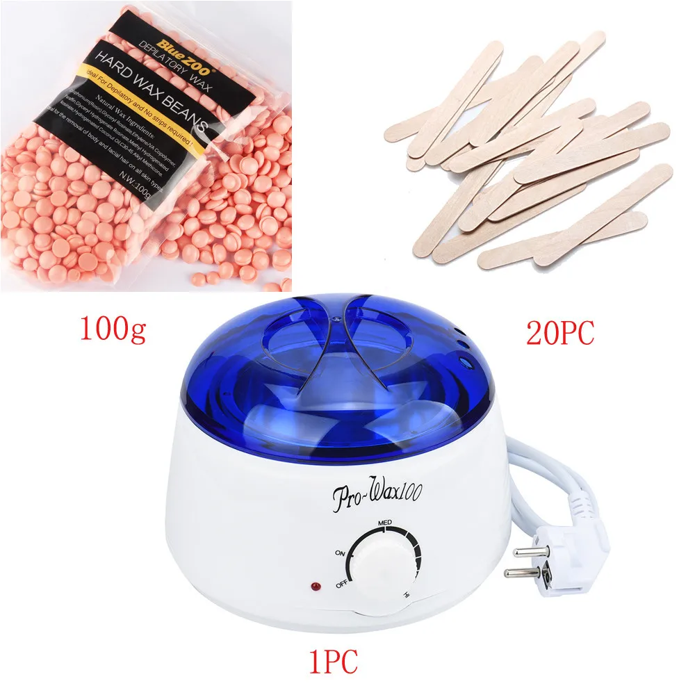 

2018 Hair Removal Wax Strip 100g Hair Removal Beans 20pcs Wiping Sticks EU Plug Hot Wax Warmer Heater Pot Depilatory Set Rose