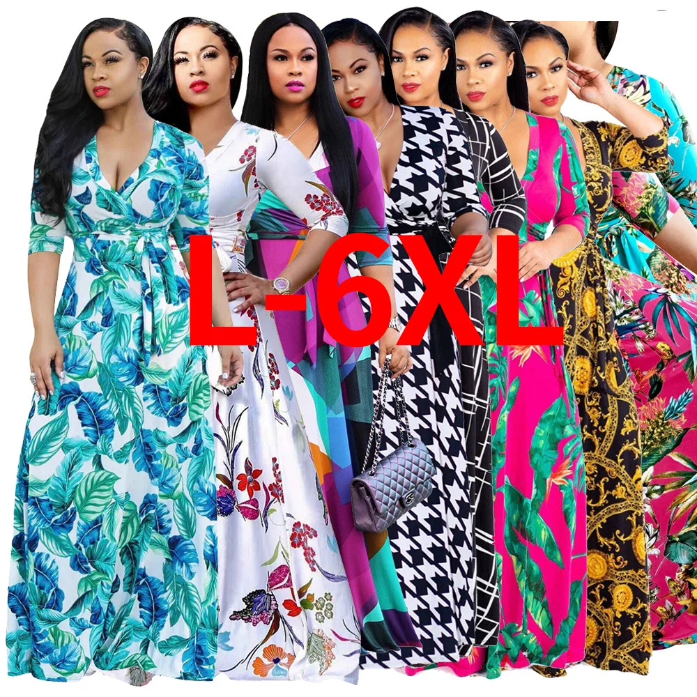 

Large size dress Autumn Bohemia V-neck Print Oversized Dress 9 colors