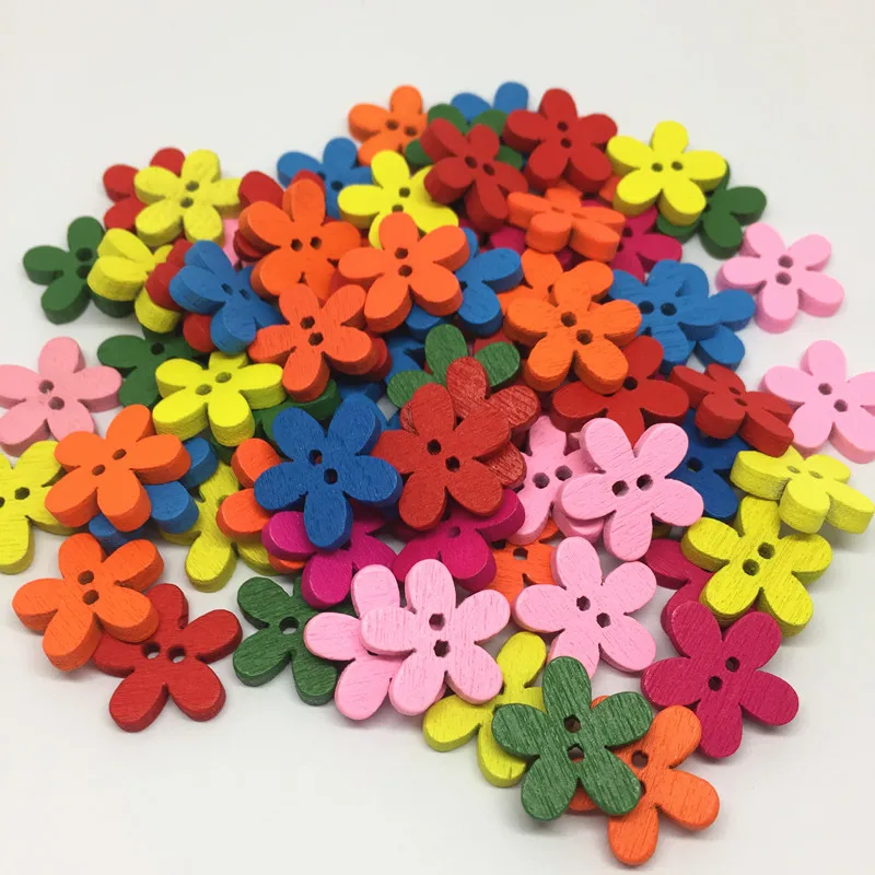 100 Pcs Wooden 2 Holes Round Flower Wood Sewing Buttons DIY Craft Scrapbooking 