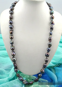 

6688fayan 004905 Rare 34inch baroque black keshi reborn pearl necklace