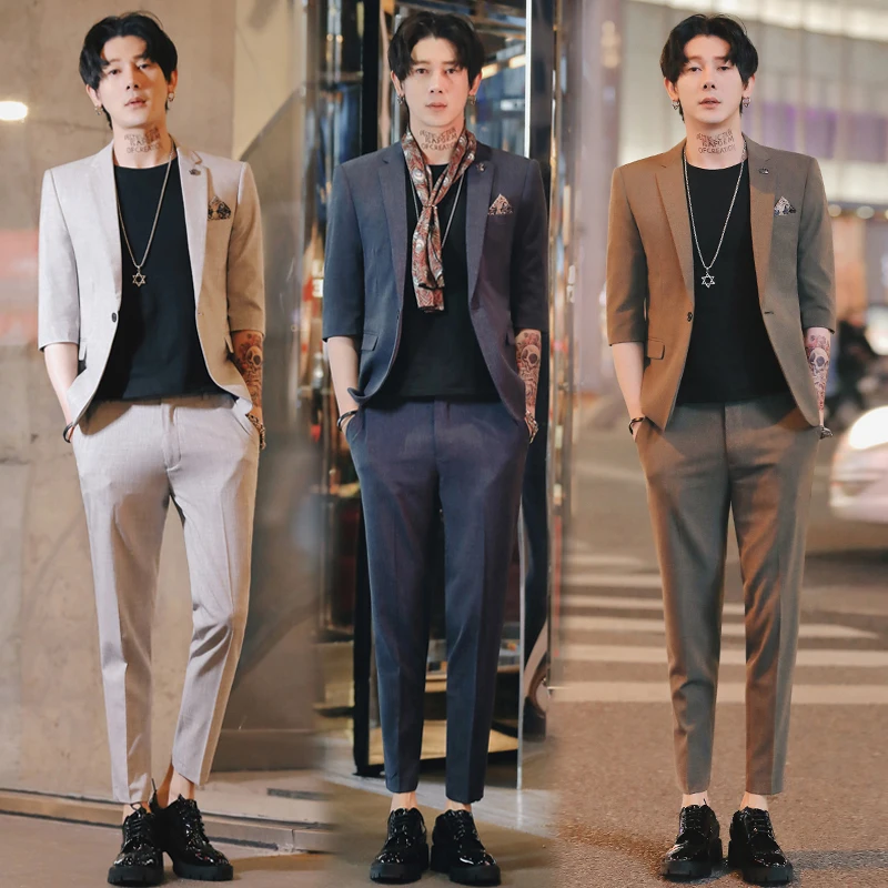 Korean Costume Homme 2019 Summer Traje Hombre 2 Pcs Set Grey Tuxedo Office  Dress Suits Slim Fit Social Mens Suits With Pants - Suits - AliExpress