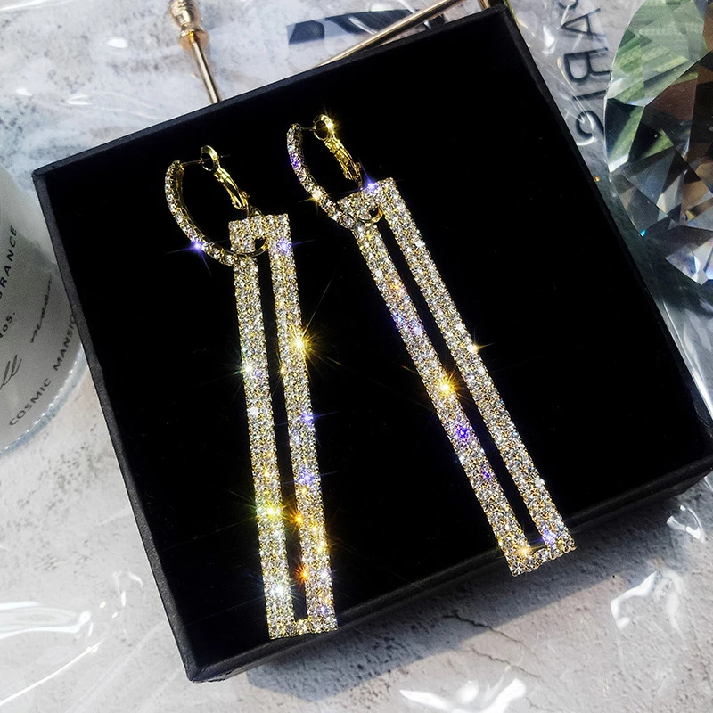

2019 New Fashion Long Geometric Earrings Luxury Gold/Silver Color Rectangle Rhinestone Drop Earring for Women Party Jewelry Gift