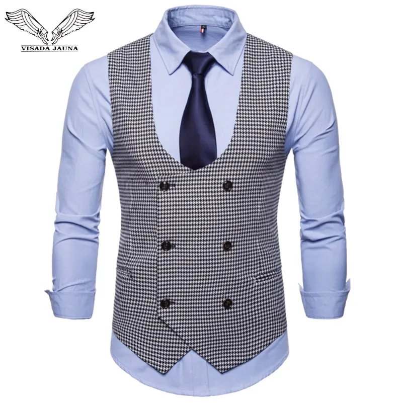 

VISADA JAUNA Fashion Shirt Vest Autumn New Men's U-neck Small Lattice Double-breasted Shirt Vest Large Size Vest Jacket N9030
