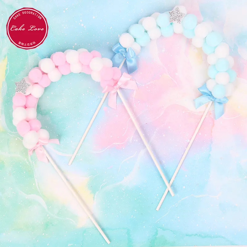 

1Pcs Hot Sale Pink Blue Soft Pompom Cloud Cake Topper Baby Shower Birthday DIY Cake Top Flags Decoration Festival Party Supplies