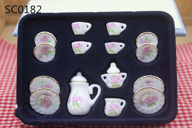 15Pcs 1/12 Dollhouse Miniature Accessories Mini Ceramics Tea Set Simulation Kettle Plate Cup Model Toys Doll House Decoration sc0182