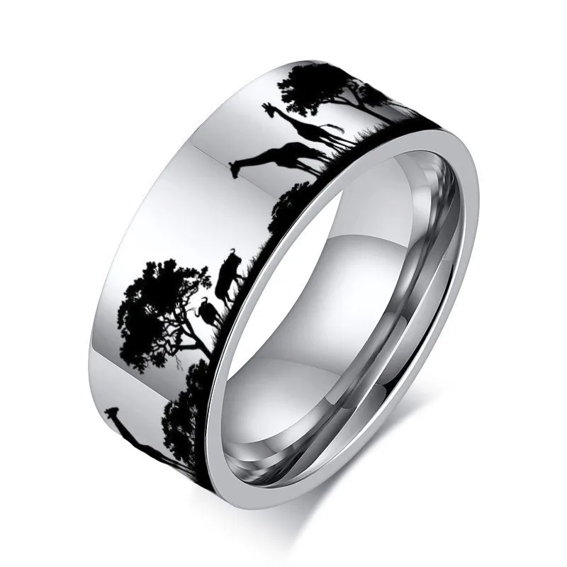 

Assorted Nature Scene Deer Wood Rree Personalized Engraving 8MM Wide Stainless Steel Pipe Cut Tube Ring for Men Women Jewelry