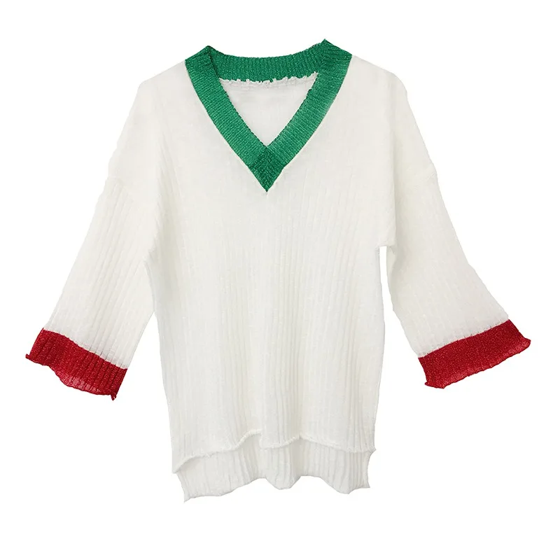 

Women Loose V-Neck Striped Sweater Thin Perspective Sweater knitted Hollow Out Casual Sweaters Female Long Sleeve Pullover