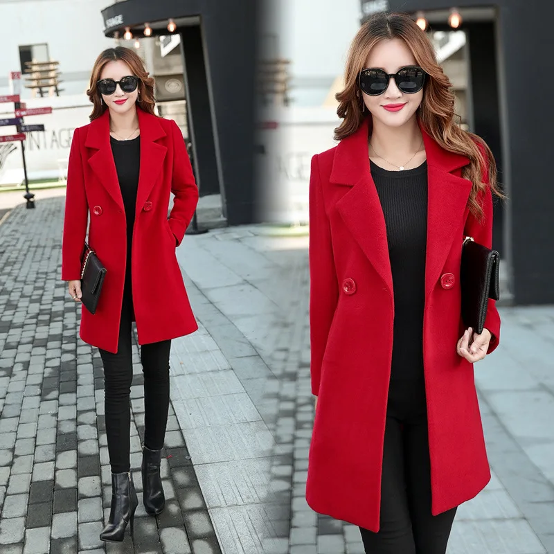 

QMGOOD 2018 Spring Autumn Women Wool Coat Casual Outerwear Female Long High Quality Wool Coat Women Red/black/blue Wool Jacket