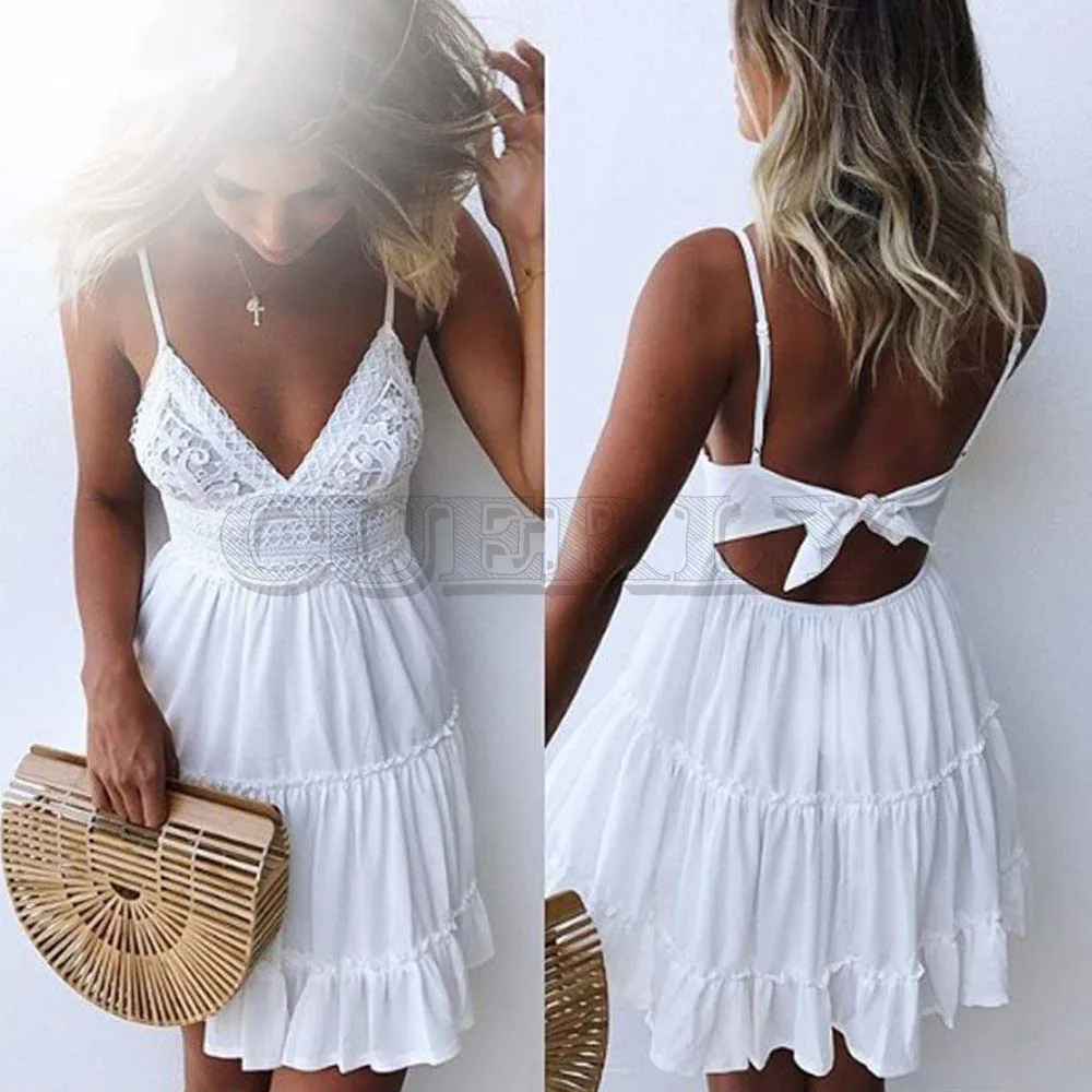 

Cuerly Summer Women Lace Dress Sexy Backless V-neck Beach Dresses Sleeveless Spaghetti Strap White Mini Sundress Vestidos L8