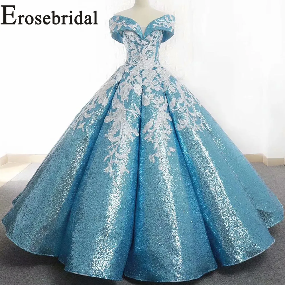 Женское платье с открытыми плечами Erosebridal лазурное V-образным вырезом длинное