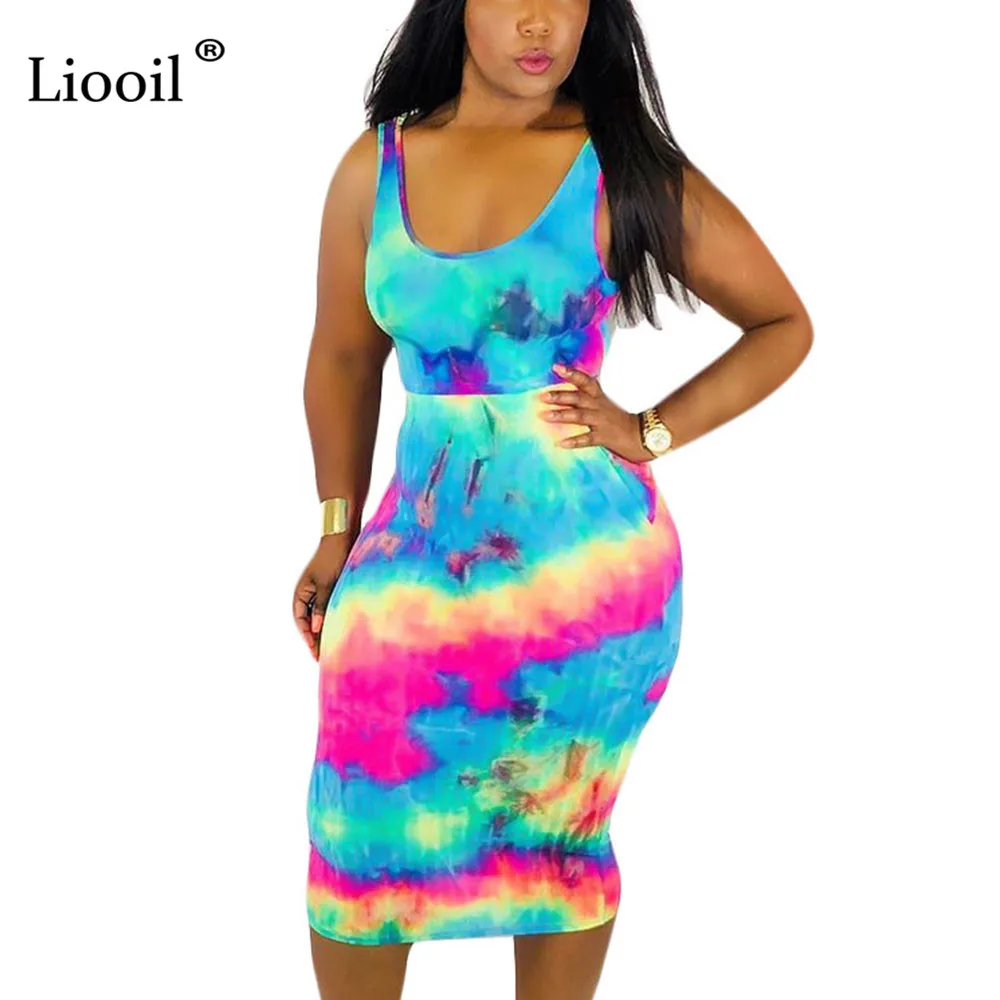 

Liooil Tie Dye Dress Women New Arrival 2019 Bodycon Midi Dress Sexy Club Wear Lace-Up Hollow Out Print Dresses Woman Party Night