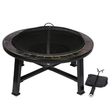 HIO 30-Inch Natural Slate Top Outdoor Fire Pit with Spark Screen Steel Wood Grate Protective Cover and Safety Poker