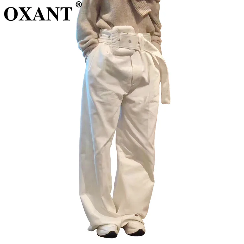 

OXANT Casual Black Trousers For Women High Waist Bandage Wide Leg Pants Female Spring Autumn 2019 Korean Fashion New