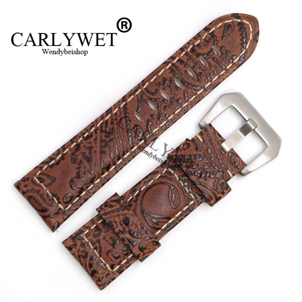 CARLYWET 22 24 26mm Light Brown Pattern Real Leather Wrist Watch Band