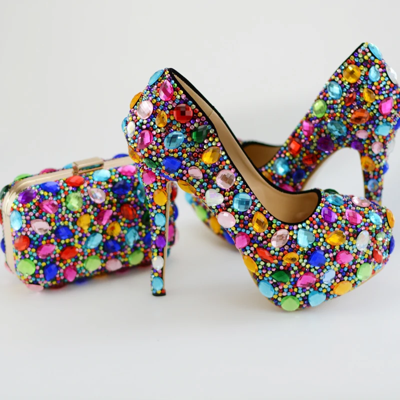 BaoYaFang/Разноцветные кристаллы; женская свадебная обувь с сумочкой в комплекте; обувь на высоком тонком каблуке и платформе; комплект из туфель и сумочки