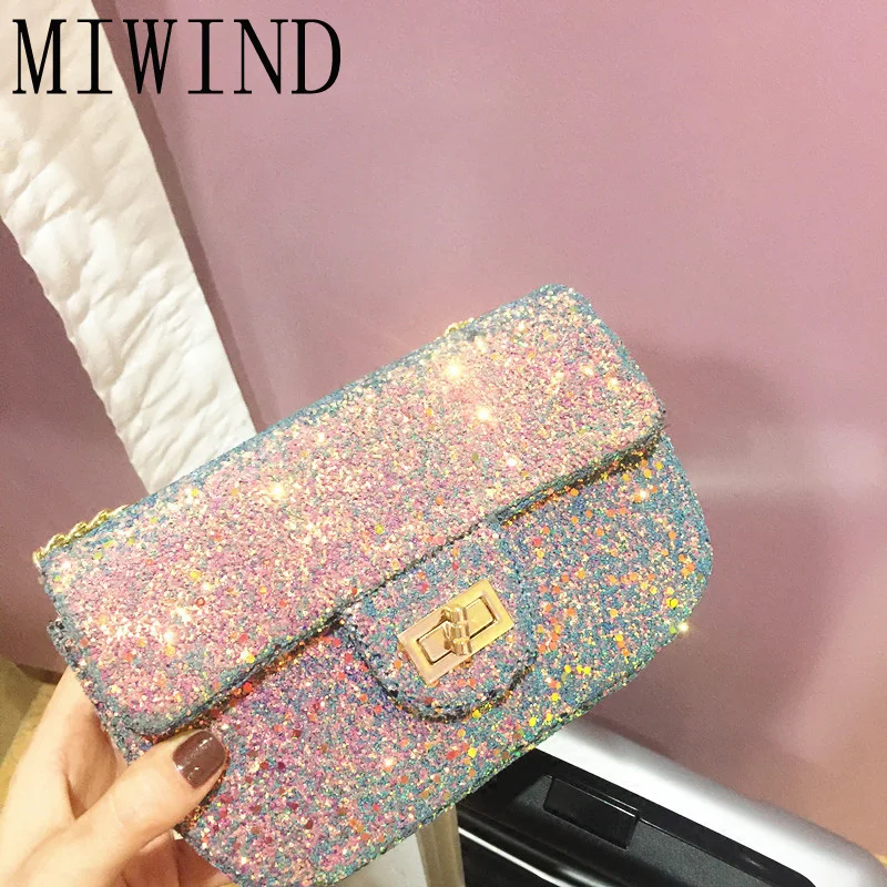 

MIWIND BlingBling Sequins Handbag Women Messenger Crossbody Bag Lady 2017 Designer Mini Flap Bags Chains shoulder bags THJ253