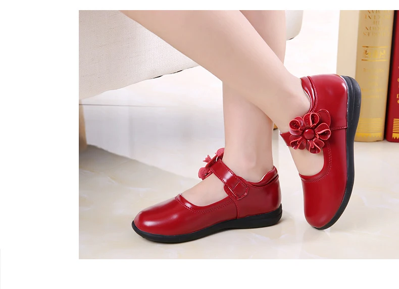 Детская обувь из искусственной кожи с цветочным принтом для девочек-подростков, красные, черные, розовые туфли принцессы для танцев, для детей 4, 6, 8, 10, 11, 12 лет